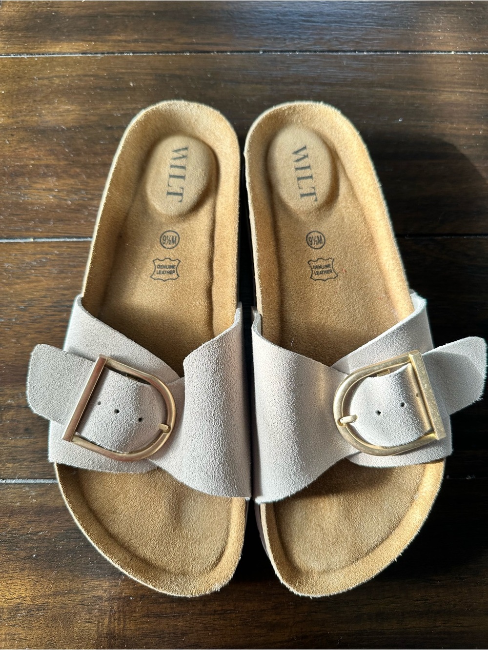 WILT Taupe Suede Slide Sandals with Gold Buckles